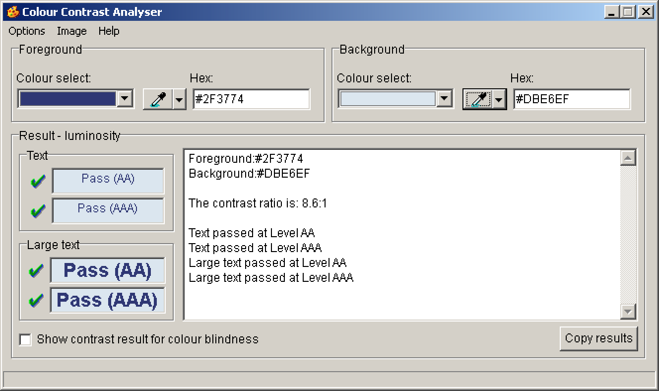 Colour Contrast Analyser window